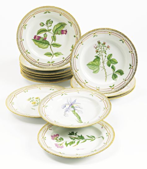 A SET OF TWELVE ROYAL COPENHAGEN 'FLORA DANICA' DINNER PLATES MODERN standard printed and painted factory marks and shape number 20 3549 Estimate   3,000 — 5,000  USD Botanical Dinnerware Sets, Flora Danica Royal Copenhagen, Royal Copenhagen Ceramics, Botanical Ceramic Plate, Flora Danica, Royal Copenhagen Porcelain, Herend Queen Victoria, Scandinavian Art, Royal Copenhagen