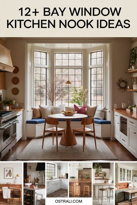 12+ Bay Window Kitchen Nook Ideas That Will Steal Your Heart Kitchen In Bay Window, Farmhouse Bay Window Treatments, Kitchen Bay Window Ideas Decor, Small Kitchen Bay Window Ideas, L Shaped Bench Kitchen Dining Nook, Window Kitchen Nook, Bay Window Remodel, Bay Window Kitchen Table, Kitchen Nook Ideas Bay Windows