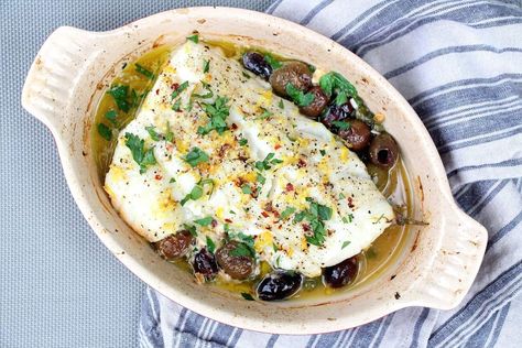 Roasted Cod with Olives, Capers, and Lemon Cod Recipes Gluten Free, Oven Baked Cod, Cod Dishes, Cod Cakes, The Defined Dish, Defined Dish, Baked Cod Recipes, Roasted Cod, Dinner Rotation