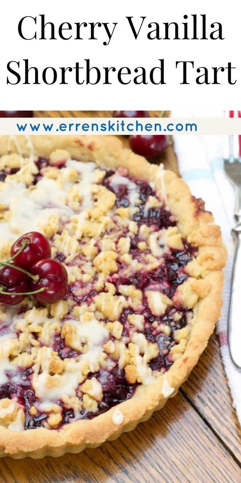 This Cherry Vanilla Shortbread Tart recipe makes a stunning summer dessert that's packed with cherries and vanilla in every luscious bite! Cherries Recipes, Shortbread Tart, Dessert Tarts, Tart Cherries Recipes, Summer Fruit Desserts, Vanilla Shortbread, Homemade Pies, Raspberry Crumble, Recipes Fruit