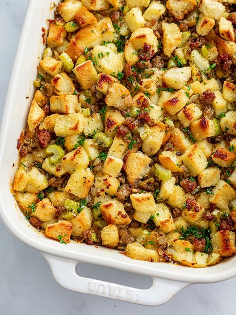 This Sausage Stuffing recipe is easy to make from scratch or with store-bought stuffing. It's the best holiday side dish that you can use to stuff chicken or turkey, or serve in a casserole dish! Sausage Stuffing Recipe, The Cozy Cook, Cozy Cook, Twice Baked Potatoes Casserole, Sausage Stuffing, Sage Sausage, Baked Potato Casserole, Jimmy Dean, Shag Haircuts