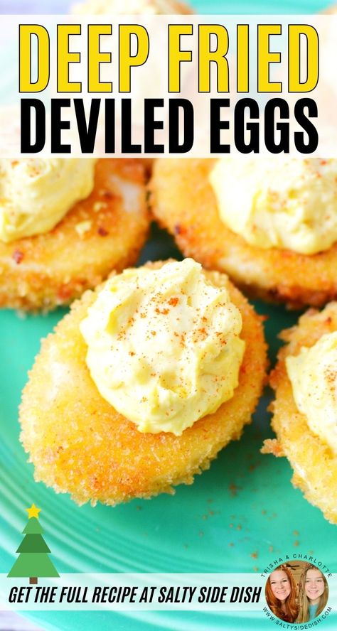 Deep Fried Deviled Eggs in crispy Panko bread crumbs and a soft creamy yolk center is an absolutely indulgent holiday appetizer. These deep fried, golden brown panko covered eggs are a true southern delicacy. Rich, delicious, and just the right amount of crunch, skip the old boring deviled egg and opt for the new! Once you get the hang of deep frying these eggs, there is no turning back. The trick is to keep from eating them while you are making them! Deep Fried Deviled Eggs Recipe, Fried Deviled Eggs Recipe, Deep Fried Deviled Eggs, Deep Fried Egg, Egg Appetizer, Salty Side Dish, Devil Eggs, Fried Deviled Eggs, Deep Fried Recipes