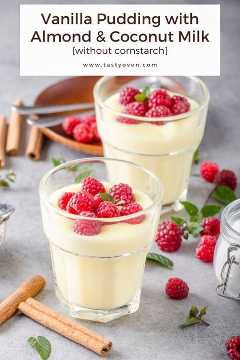 Homemade Vanilla Pudding with Almond Milk gets its creaminess from coconut and almond milks and white chocolate. An easy vanilla pudding without cornstarch. #kidfriendly #pudding #healthypudding #easyrecipes #vanillapudding #dessert Almond Milk Pudding, Custard Recipe Easy, Almond Bark Recipes, Milk Pudding Recipe, Florida Orange Juice, Homemade Vanilla Pudding, Easy Custard, Mango Mousse, Banoffee Pie