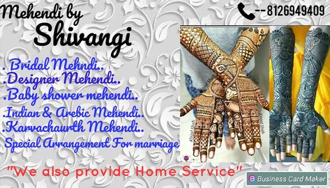 Mehndi is my profession & also a passion Mehndi Business Card, Mehndi Visiting Card Design, Artist Visiting Card Design, Artist Visiting Card, Front Mehndi, Lehenga For Girls, Front Mehndi Design, Visit Card, Happy Pongal