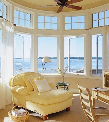 This inspirational lakeside reading nook is full of natural light from wrap-around windows. Beach Reading Nook, Style Deco, Custom Windows, Window Design, Beach Houses, Window Seat, Bay Window, Beach House Decor, Large Windows