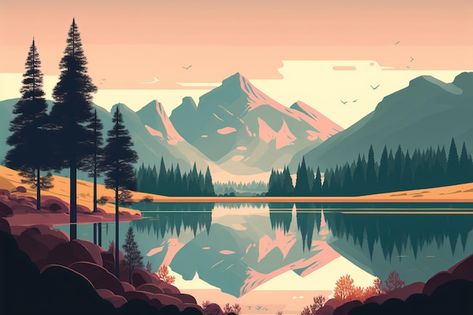 Colorful Landscape Illustration, Rocky Mountains Illustration, Nature Landscape Illustration, Mountain Lake Illustration, Lake Illustration Water, Nature Illustration Landscapes, Art Wallpaper Landscape, Mountain Scenery Photography, Mountain Illustration Design