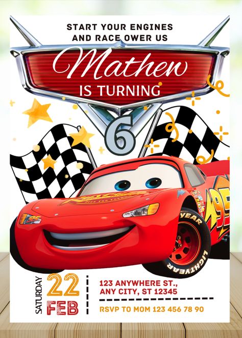 #Cars #Birthday #Invitation #Lighting #McQueen #Invite Lighting Mcqueen Birthday, Mcqueen Birthday Invitation, Mcqueen Birthday, Mcqueen Cars, Lighting Mcqueen, Cars Birthday Invitations, Car Birthday Theme, Party Boy, Cars Party