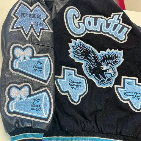 Cheer Varsity Jackets, Cheer Letterman Jacket Ideas, Cheer Letterman Jacket, Letterman Jacket Pictures, Letterman Jacket Ideas, Letterman Jacket Patches, Letterman Patches, Basketball Senior Night, Bling Jacket