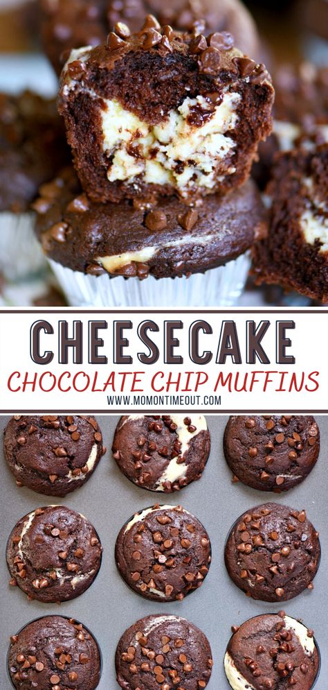 Double Chocolate Cheesecake Muffins, Chocolate Cheesecake Muffins, Cheesecake Chocolate Chip, Quick Cheesecake, Resep Muffin, Double Chocolate Cheesecake, Smores Dessert, Cheesecake Muffins, Coconut Dessert