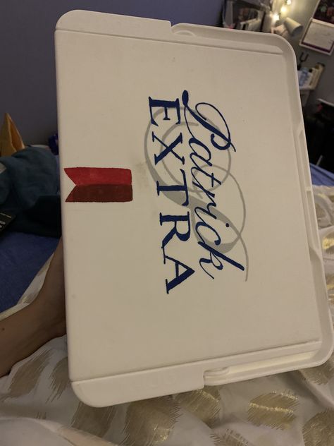 Painted cooler, michelob ultra theme, patrick Michelob Ultra Cooler Painting, Brozarks Cooler Ideas, Michelob Ultra Frat Cooler, Sorority Coolers, Formal Cooler Ideas, Formal Cooler, Cooler Ideas, Frat Coolers, Cooler Painting