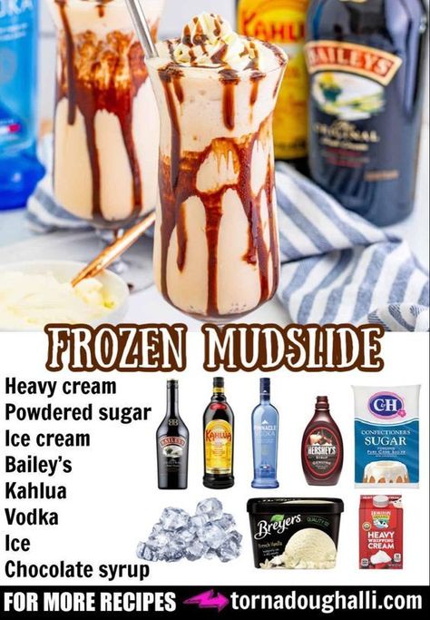 frozen mudslide Mudslide Recipe Alcohol, Frozen Mudslide Recipe, Baileys Frozen, Baileys Recipes Drinks, Mudslide Recipe, Kahlua Recipes, Bartender Drinks Recipes, Christmas Drinks Alcohol Recipes, Baileys Recipes