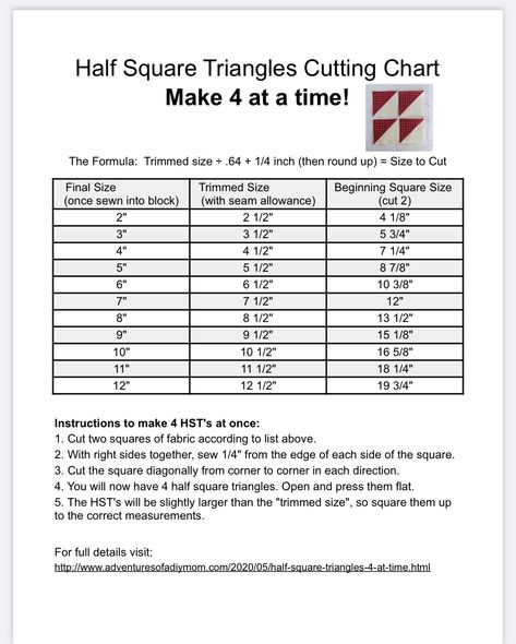 4 Hst At A Time Chart, Four At A Time Half Square Triangles, Half Square Triangle Chart 4 At A Time, 4 Half Square Triangles At Once, Half Square Triangle Blocks Free Pattern, Half Square Triangles 4 At A Time, Hst Chart, Half Square Triangle Chart, Quilting Triangles