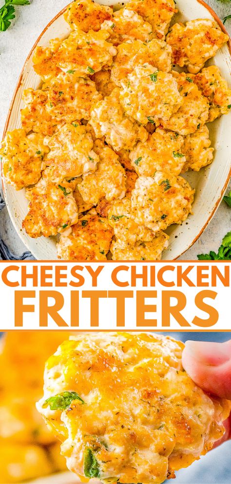 Apple Fritter Recipe, Cheesy Chicken Fritters, Cheesey Chicken, Chicken Fritters Recipe, Chicken Fritters, Healthy Orange Chicken, Chicken Mozzarella, Chicken Cake, Slider Buns