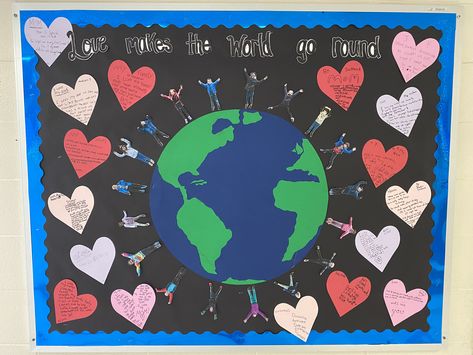 Peace And Love Bulletin Board Ideas, Love Grows Here Bulletin Board, February March Bulletin Board Ideas, All You Need Is Love Bulletin Board, Love Makes The World Go Round, February Bulletin Boards For School, Heart Bulletin Board Ideas, February Bulletin Board Ideas Preschool, February Bulletin Board Ideas For School