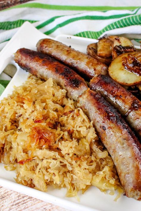 German Sauerkraut Recipe, Brats And Sauerkraut, German Sauerkraut, Onion Potatoes, Apples And Onions, Sausage Sauerkraut, Bratwurst Recipes, German Sausage, Homemade Sauerkraut