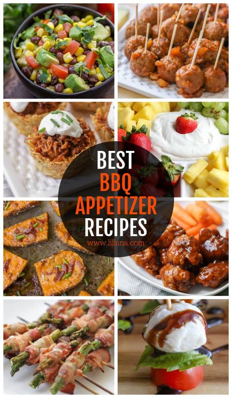 Every summertime potluck and outdoor party needs appetizers! This collection of BBQ Appetizers has all the options you'll need to accompany your grilled main courses. #bbqappetizers #appetizers #bbq #appetizerrecipes Appetizer For Bbq, Bbq Potluck, Bacon Wrapped Chicken Bites, Barbecue Chicken Pizza, Bbq Appetizers, Veggie Cups, Tiny Foods, Strawberry Salsa, Lil Luna