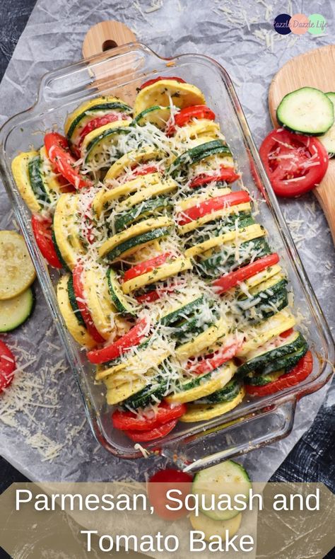 This Parmesan Squash and Tomato Bake is full of delicious flavors. A delicious way to use-up summertime harvest of zucchini, tomatoes, and yellow squash. #recipe #parmesan #squash #zuchinnirecipes #tomato #bake #veggies #vegetables Zucchini Tomato Bake, Baked Tomato Recipes, Tomato Bake, Parmesan Squash, Zucchini Recipes Healthy, Zucchini Tomato, Summer Vegetables, Healthy Zucchini, Baked Tomatoes