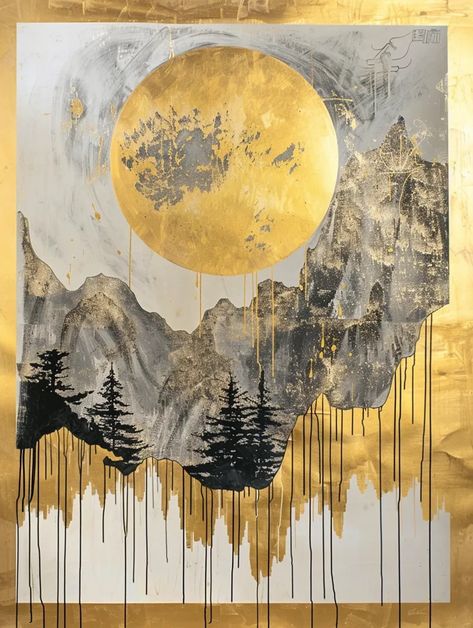 The painting is in a contemporary style and depicts a mountainous landscape. The background is a textured white, with a large, golden moon in the center ->> more details in ai-img-gen.com Gold Painting Ideas, Textured White Background, Mountainous Landscape, Golden Moon, Gold Painting, Gold Leaf Art, Silver Background, Mountain Stream, Art Gold