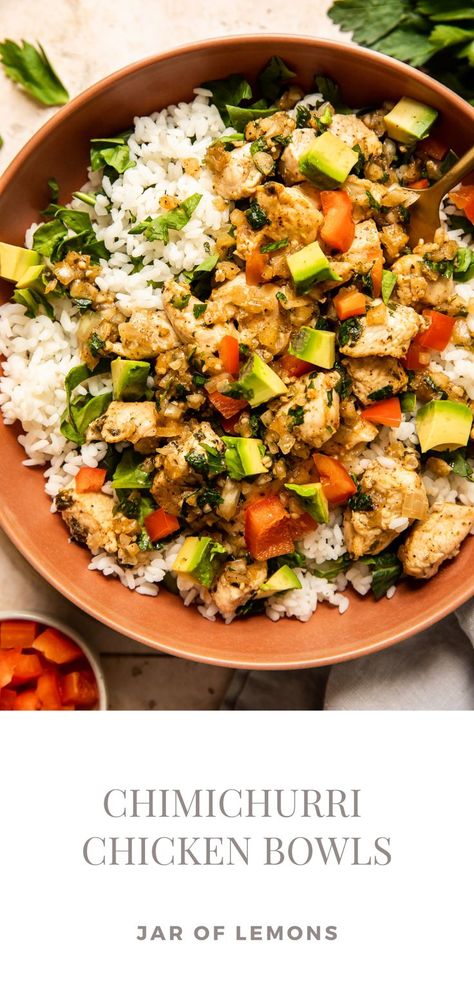 chimichurri chicken bowls served with a gold fork. Jar Of Lemons, Chimichurri Chicken, Fluffy Rice, Chicken Bowls, Easy Chicken Dinner Recipes, Chimichurri Sauce, Dinner Idea, Bell Peppers, Bowls Recipe