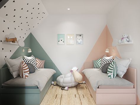 Bright on Calm on Behance Girl And Boy Bedroom Shared, Boy Girl Shared Bedroom Ideas, Small Shared Kids Bedroom, Boy And Girl Shared Room, Unisex Kids Room, Boy And Girl Shared Bedroom, Kids Rooms Shared, Kids Shared Bedroom, Shared Girls Bedroom