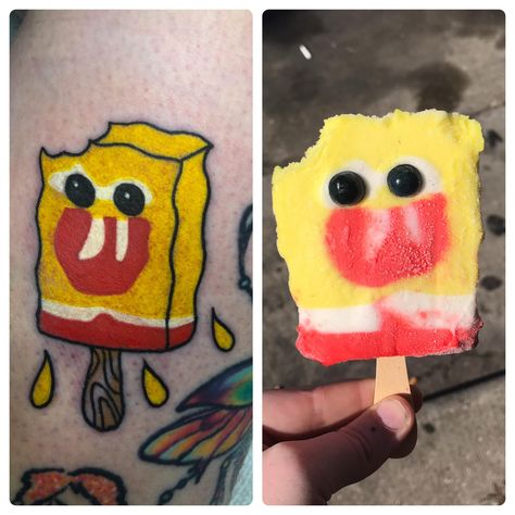 We opened a Spongebob popsicle and agreed to tattoo whatever it looked like.. Im so full of regret. Tattoo by @nobletattoo from Milwaukee Wisconsin Popsicle Tattoo, Regret Tattoo, Spongebob Popsicle, Cartoon Popsicle, Spongebob Tattoo, Nerd Games, Spongebob Square, R Tattoo, Best Friend Tattoos