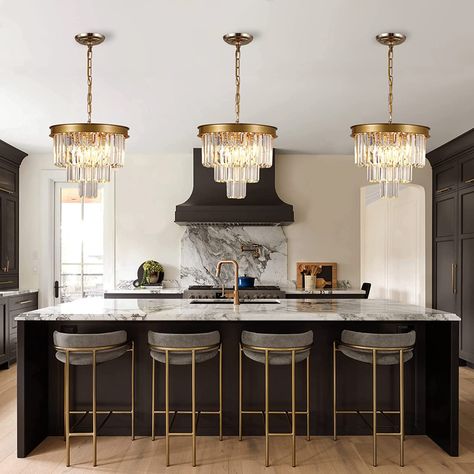 AXILIXI Gold Crystal Chandeliers 16” Modern Ceiling Pendant Light Fixture for Dining Room Dimmable Small Flush Mount Chandeliers Round for Foyer Kitchen Island Entryway - - Amazon.com Kitchen Island With Chandelier, Crystal Chandelier Over Kitchen Island, Gold Farmhouse Decor, Gold Pendant Lights Over Kitchen Island, Round Chandelier Dining Room, Gold Dining Room Chandelier, Chandelier Over Kitchen Island, Kitchen Chandelier Island, Kitchen Island Chandelier Lighting