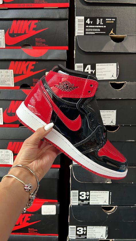 Jordan 1s Patent Bred, Red And Black Shoes Sneakers, Patent Red Jordan 1, Bred Patent 1s Outfit, Red And Black Air Jordan 1 Outfit, Shattered Backboard Jordan 1, Red Jordan Aesthetic, Jordan 1 Patent Bred Outfit, Black And Red Jordan 1s Outfit