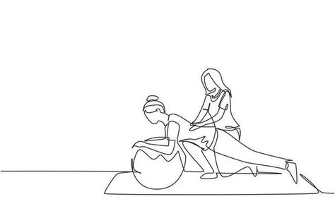 Continuous one line drawing physiotherapy rehabilitation isometric composition with man patient lying on top of rubber ball with medical assistant. Healthcare concept. Single line draw design vector 8719680 Vector Art at Vecteezy Physiotherapy Illustration, Therapist Drawing, Physio Aesthetic, Physiotherapy Aesthetic, Pilates Images, Athletic Therapy, Drawing Man, Injury Recovery, Single Line Drawing