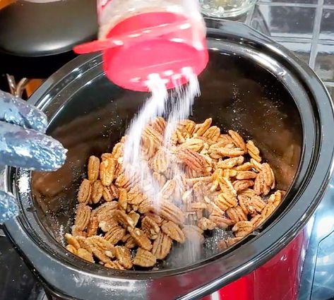 Crockpot Fireball Whisky Candied Pecans Recipe | DIY Joy | Bloglovin’ Fireball Candied Pecans, Fireball Pecans, Fireball Whiskey Recipes, Candied Pecans Easy, Pecan Candy, Spiced Nuts Recipe, Crockpot Desserts, Snack To Make, Candied Pecans Recipe