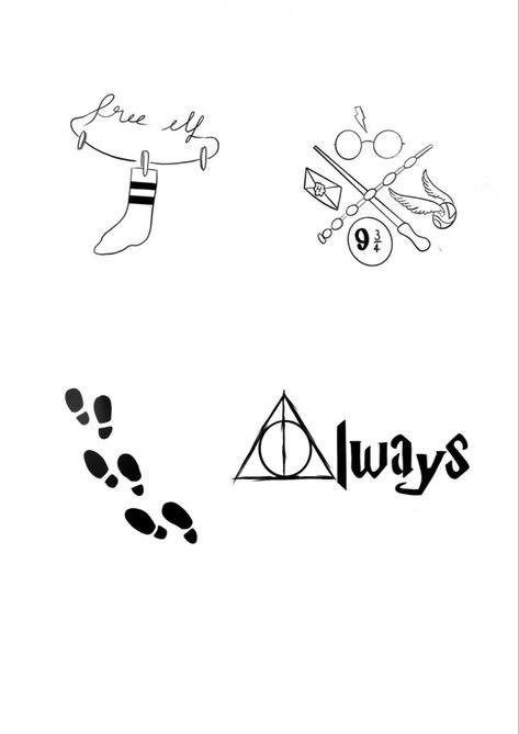 Harry Potter Flash Tattoo Sheet, Harry Potter Dobby Tattoo, Harry Potter Flash Tattoo, Harry Potter Lines, Doodle Tattoos, Harry Potter Tattoo Sleeve, Harry Tattoos, Potter Tattoo, Beginner Tattoos