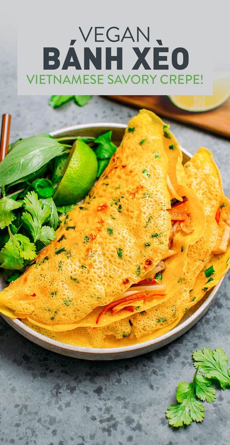 Vegan Bánh Xèo Vietnamese Crepes, Easy Crepe Recipe, Crepes Filling, Vegan Asian Recipes, Sautéed Mushrooms, Banh Xeo, 2024 Recipes, Tofu Dishes, Savory Crepes