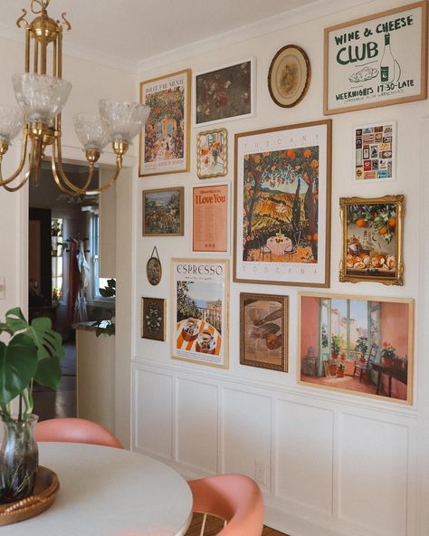 a few snaps of the dining room gallery wall because the details are everything ✨ a bunch of you guys asked me how I go about picking out artwork for my gallery walls & my fav way to plan out a project is always a mood board! i usually just insert images of all the artwork or decor into a powerpoint slide (canva is another good option too - and it’s free) to see how they look together and I’ll edit it down or add to it from there! i also typically pick out one print to use as inspo for th... Dining Room Gallery Wall, Studio Easel, 70s Art, Bohemian Style Interior, Powerpoint Slide, Boho Interior, Home Reno, Bohemian Home, Typography Prints