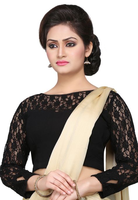 Faux georgette and chantelle net Its lining is of taffeta It has a side zipper closure Readymade Black Netted Blouse Designs, Black Net Blouse, Blouses Indian, Latest Saree Blouse Designs, Net Saree Blouse Designs, Latest Saree Blouse, Designer Saree Blouse, Netted Blouse Designs, Net Blouse