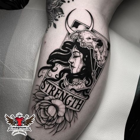 Tarot Card Tattoo Design Strength, Skull Tarot Card Tattoo, Color Tarot Card Tattoo, Capricorn Tarot Card Tattoo, The Empress Tarot Tattoo Ideas, Tarot Strength Tattoo, Strength Tarot Card Tattoo Design, Tarot Cards Tattoo Ideas, Strength Tarot Card Art