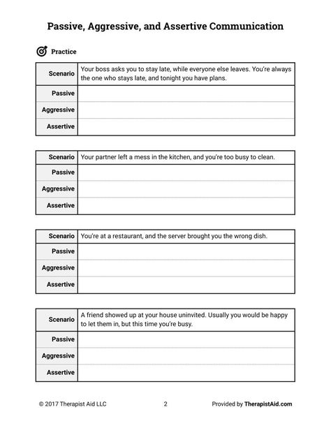 Passive Assertive Aggressive Worksheets, Passive Aggressive Assertive Communication, Passive Aggressive Vs Assertive, Assertiveness Training Activities, Communication Group Activities, Passive Aggressive Communication, Therapy Communication Activities, Communication Skills Activities For Adults, Communication Therapy Activities