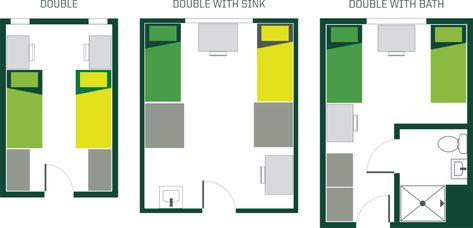 Double Room Sample Layouts Dorm Room Layouts Double, Two Beds In One Room, College Dorm Room Hacks, Dorm Layout, Dorm Room Layouts, University Housing, Hall Room, Dorm Room Hacks, Triple Room