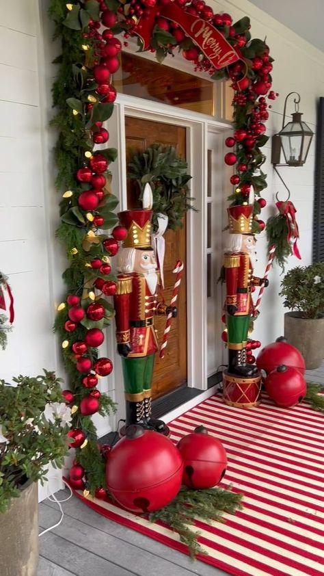 Exterior House Christmas Decor, Easy Christmas Front Porch Ideas, Nutcracker Christmas Door Decorations, Nutcracker Outdoor Decor, Nutcracker Porch Decor, Nutcracker Front Porch Decor, Christmas Door Decorating Contest Nutcracker, Large Nutcracker Front Porch, Nutcreacker Xmas Wreaths For Front Door