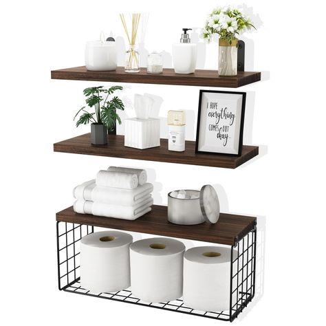 PRICES MAY VARY. 【Functional Design with Wire Storage Basket】Enhance your bathroom organization with this wall-mounted floating shelf, it helps you to keep your bathroom essentials within reach while without cluttering your countertop. The additional wire storage basket provides an extra storage space, especially for toilet paper and sanitary wipes, so you can quickly and easily pick up rolls of paper when needed. Measured 15.7 in x 5.9 in x 5.5 in, the storage basket easily holds 3 large toilet Farmhouse Wall Shelves, Toilet Farmhouse, Wood Bathroom Shelves, Rustic Wood Bathroom, Wall Shelves For Bathroom, White Bathroom Shelves, Bathroom Wood Shelves, Shelves For Bathroom, Shelves Over Toilet