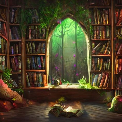 Fantasy Bookshelf Art, Mage Library, Enchanted Library Aesthetic, Fairytale Bookshelf, Witchy Bookstore, Fantasy Room Art, Enchanted Bookshelf, Fantasy Library Art, Magical Library Fantasy Art