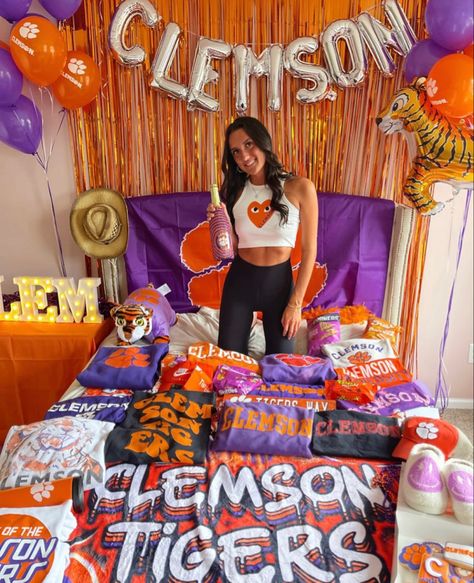 Bed Parties College, Clemson Bed Party, Bed Decorating Ideas College Acceptance, Clemson Graduation Party, Clemson Dorm Room Ideas, College Acceptance Room Decorating, Clemson University Dorm, College Acceptance Bed, Clemson Dorm