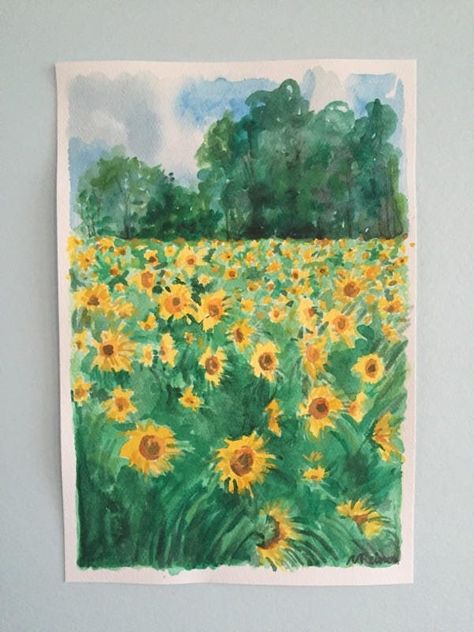 "This is an original painting, not a print. I painted a field of sunflowers, done in an Impressionistic style.  This is a small painting, measuring 9\" x 6\".  It has a small white border around it, for ease of matting and framing. This painting was created on 140 lb. watercolor paper and with professional watercolor paints.  It comes to you unmatted and unframed and will be shipped in a rigid cardboard mailer. Thank you for viewing!" Sunflower Field Painting, Painting Yellow Flowers, Sunflower Watercolor Painting, A Field Of Sunflowers, Field Of Sunflowers, Small Watercolor, Paintings Tutorials, Professional Watercolor, Painting Yellow