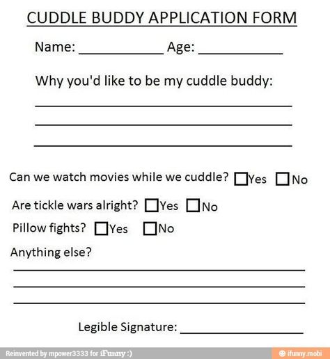 Cuddle application Cuddle Application, Cuddle Buddy Application, Boyfriend Application, Types Of Relationships, Types Of Guys, Cuddle Buddy, Application Form, The Perfect Guy, Crafty Ideas