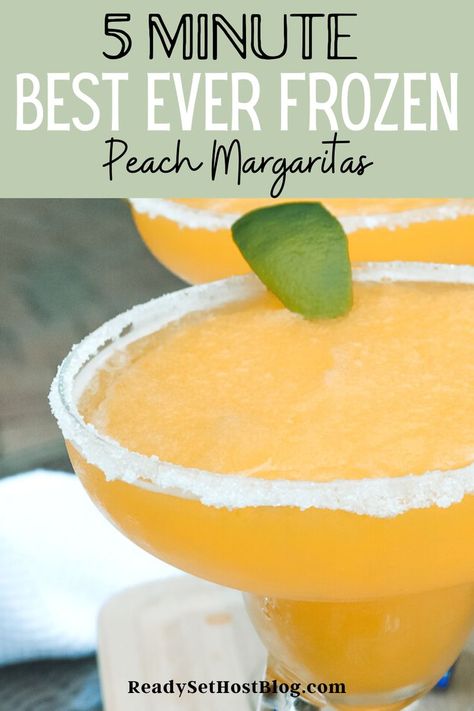 Making drinks for your guests on a hot summer day can be a challenge. With these frozen peach margaritas, everyone will thank you for the refreshing, fruity, and tangy drink to cool off. #peachbellinimargaita #pineapplemargarita Frozen Peach Margarita Recipe, Frozen Peach Margarita, Peach Margarita Recipes, Peach Margaritas, Frozen Peach Bellini, Alcohol Shots, Backyard Bbq Food, Easy Party Drinks, Making Drinks