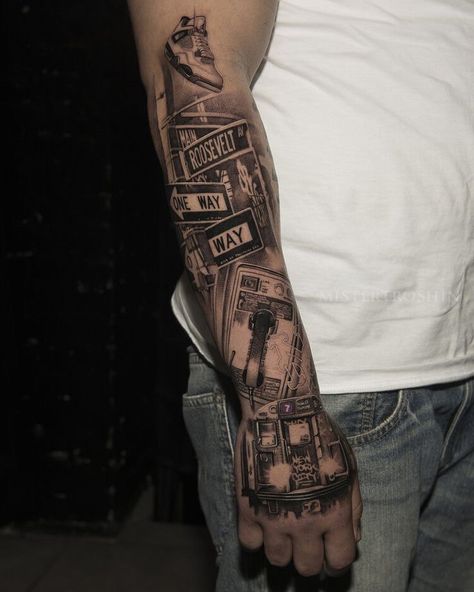 New York Tattoo Sleeve, New York Tattoo Ideas For Men, New York City Tattoo, Tom Tattoo, Gladiator Tattoo, Black Men Tattoos, Half Sleeve Tattoos Forearm, New York Tattoo, Nyc Tattoo