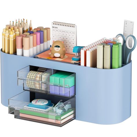 PRICES MAY VARY. ✎【ALL IN ONE OFFICE DESK ORGANIZER】: This desk organizer has three transparent drawers and seven compartments, providing enough space to store all your desk accessories, such as scissors, paper clips, sticky notes, pencils, pens, highlighters, and all other office supplies. It's a super desk organizers and accessories that can even be used as a makeup brush holder, kitchen storage box, and more. ✎【LARGE CAPACITY PENCIL HOLDER】: The internal compartments of the pen organizer for Blue Office Supplies, Home School Classroom, Pen Holder For Desk, Purple Desk, Office Desk Organizer, Pen Organizer, Green Desk, Blue Desk, Kitchen Storage Boxes