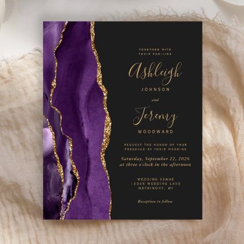 $1.45 | Budget Purple Gold Agate Dark Wedding Invitation | Wedding Invitations | modern, trendy, dark, agate geode, budget wedding invitation, elegant handwriting script, purple plum violet, gold faux glitter Dark Wedding Invitations, Slate Wedding, Teal Wedding Invitations, 60th Birthday Party Invitations, Elegant Modern Wedding, Agate Wedding, Afternoon Wedding, Budget Wedding Invitations, Navy Wedding Invitations