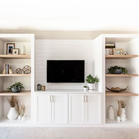 How to Build an Entertainment Center in Your Home | Wayfair Built Ins With Open Shelving, Open Shelving Living Room Bookcases, How To Style Entertainment Unit, Cabinets For Entertainment Center, Bookshelves Beside Tv, Built In Shelves Entertainment Center, Inbuilt Storage Living Room, Build In Living Room Cabinets, Open Shelving Ideas Living Room