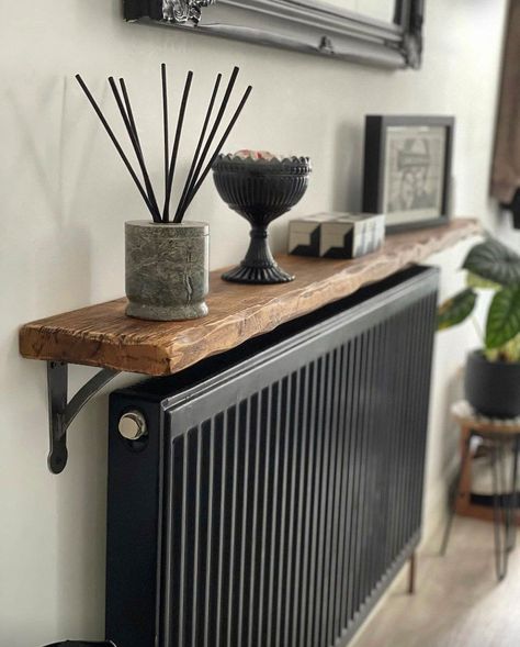 Distressed Wood Shelf, Dark Wood And Metal Decor, Wood Radiator Shelf, Bedroom Shelfs Designs, Shelf Over Radiator Hallway, Rustic Radiator Shelf, Antique In Modern Interior, Farmhouse Style Hallway, Modern Farmhouse Interior Design Bedroom