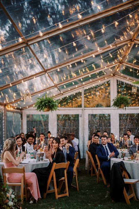 Backyard Cleartop Tent Wedding Outdoor Wedding No Tent, Clear Tent Lighting, Clearspan Tent Wedding, Farm Tent Wedding, Clear Roof Tent Wedding, Upscale Backyard Wedding, Fall Tent Wedding Reception, Tent Wedding Lights, Small Tent Wedding