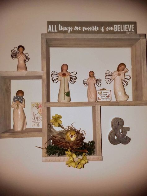 Willow Tree Nativity Set Display Ideas, Willow Tree Nativity Scene Display, Willow Tree Display Ideas, Willow Tree Angel Display Ideas, Figurines Display, Display Willow Tree Figurines, Hobby Lobby Shelf, Willow Figurines, Willow Tree Figures